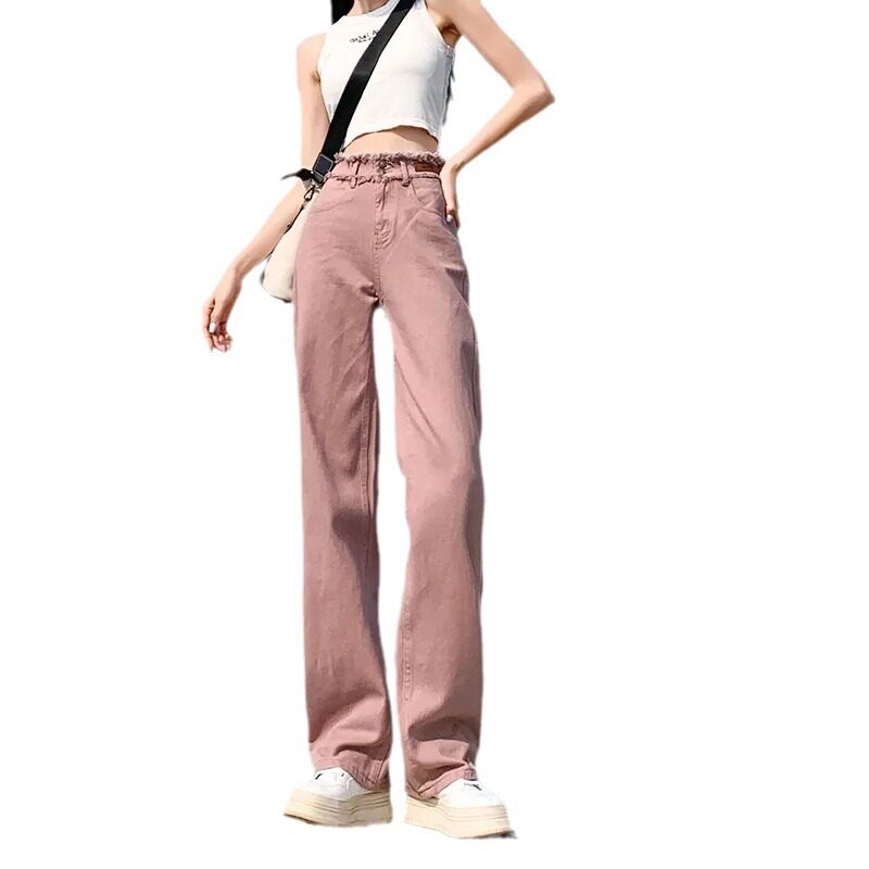Pink High Waisted Denim Pants Slim Fit Loose Wide Leg Trendy Straight Cut Frayed Hem Casual Everyday Wear