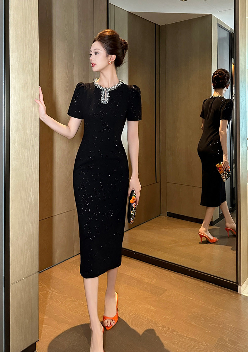 Đầm ôm body nữ cổ tròn tay ngắn, phong cách tiểu thư sang trọng, đính sequin lấp lánh, dáng dài ôm eo — [Đen] chi tiết 10