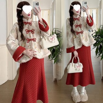 Autumn and Winter New Petite Dress with Fleece Lining, Thickened Red Coat, New Year Outfit, New Chinese Style Two-Piece Set