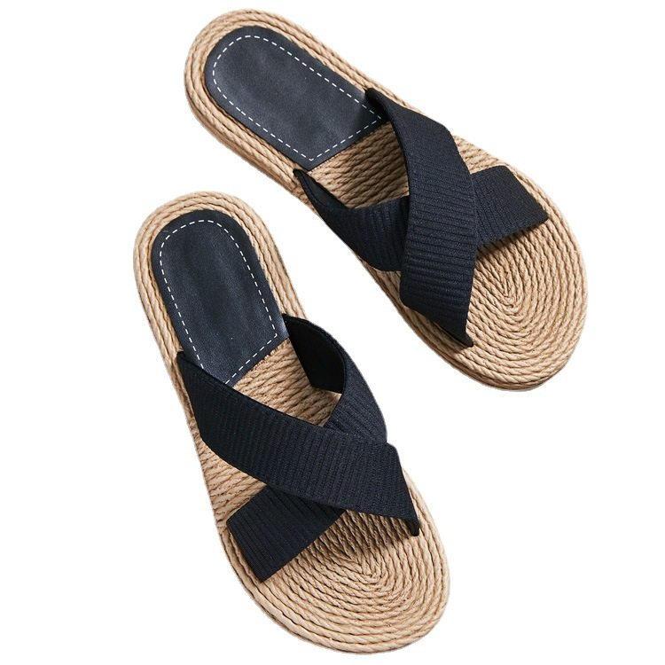 Women's one-word slippers hemp rope straw summer new outdoor cross slippers flat heel set feet
