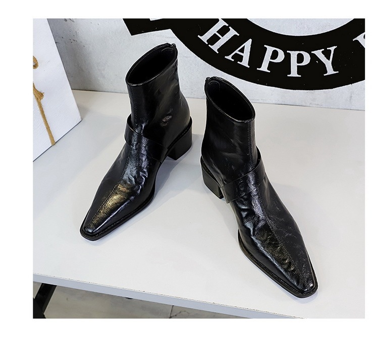 Boot nữ cổ thấp gót vừa mũi nhọn khóa kim loại phong cách Âu Mỹ — Lớp lót nhung đen, Lớp lót nhung màu nâu sẫm, Màu đen, Màu nâu đậm