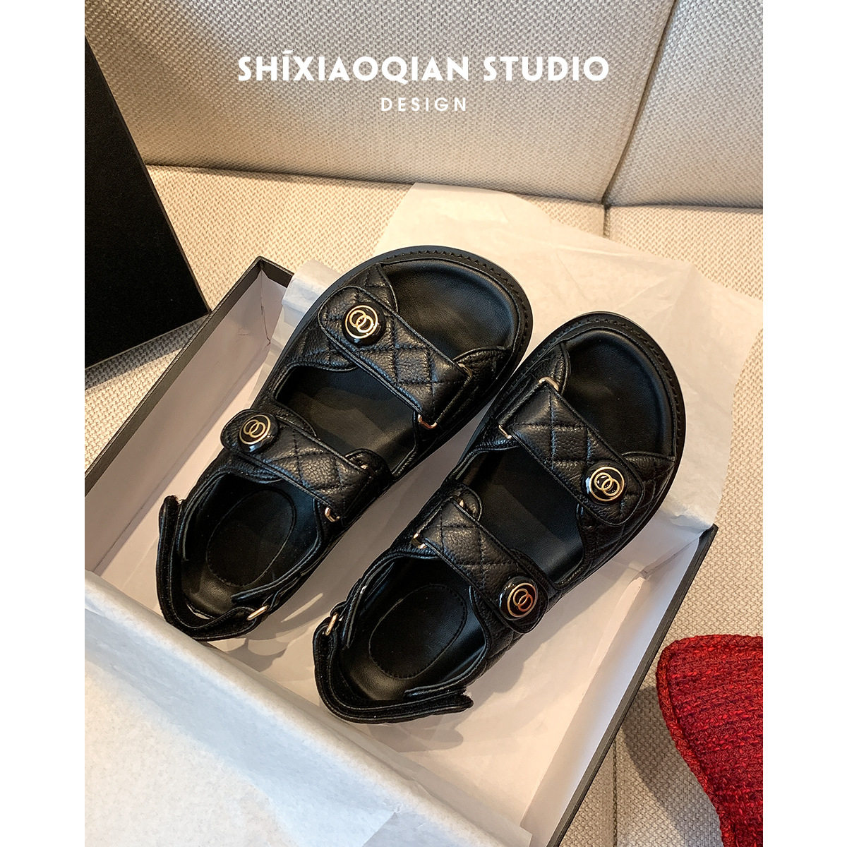 Tweed Style Sandals for Women 2025 New Fairy Style Fashion Velcro Summer New Versatile Flats Women's Shoes Ins