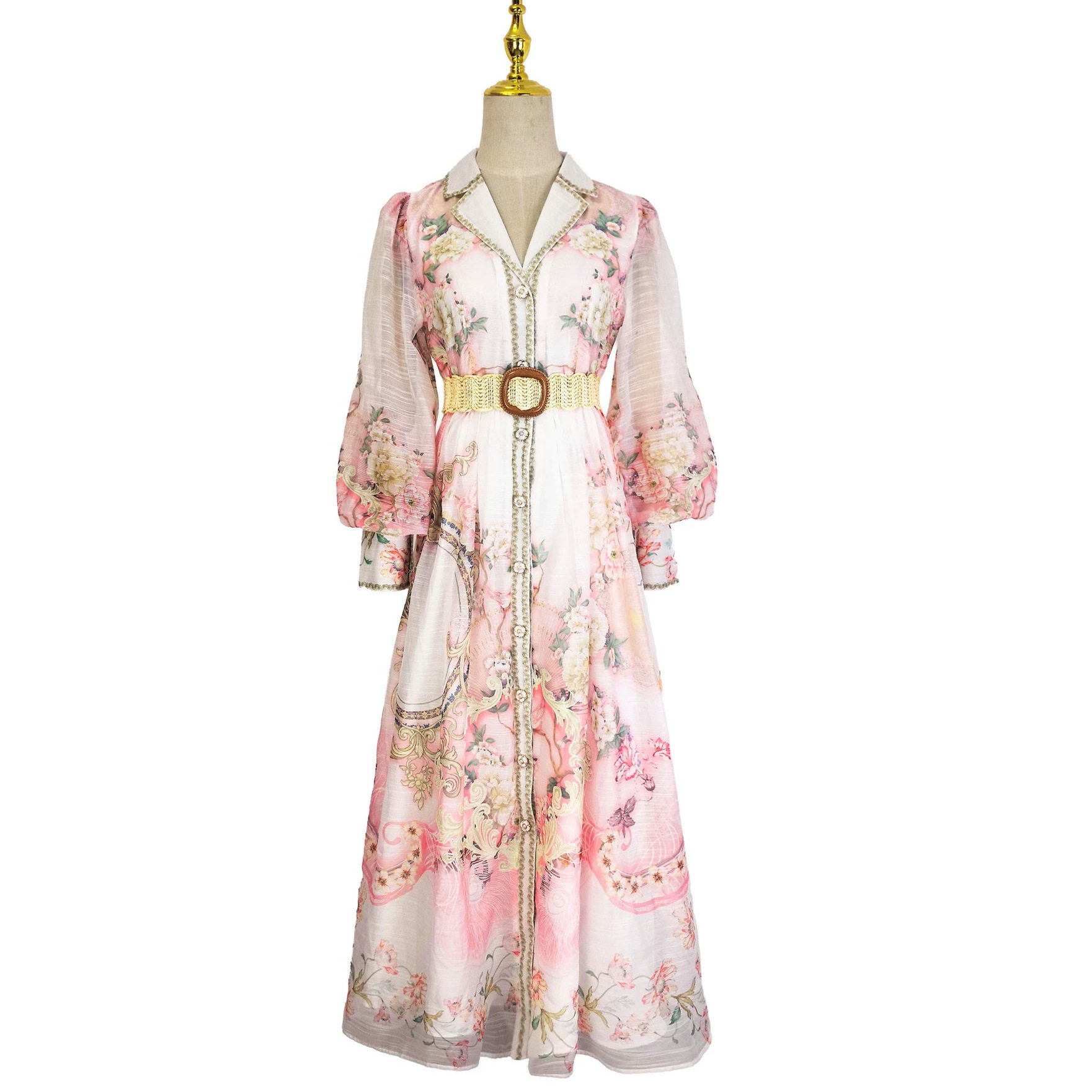 French Floral Print Long Sleeve A Line Dress for Women V Neck Waist Defined Elegant Style Spring Office Wear