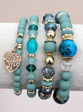 欧美跨境爆款波西米亚风彩色珠子爱心四件套手链轻奢精致工厂