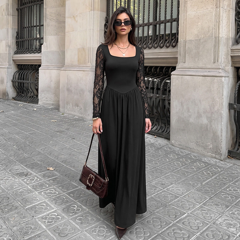 Elegant Black Lace Long Sleeve Dress Square Neck Sophisticated Style Perfect for Evening Events Wholesale Available