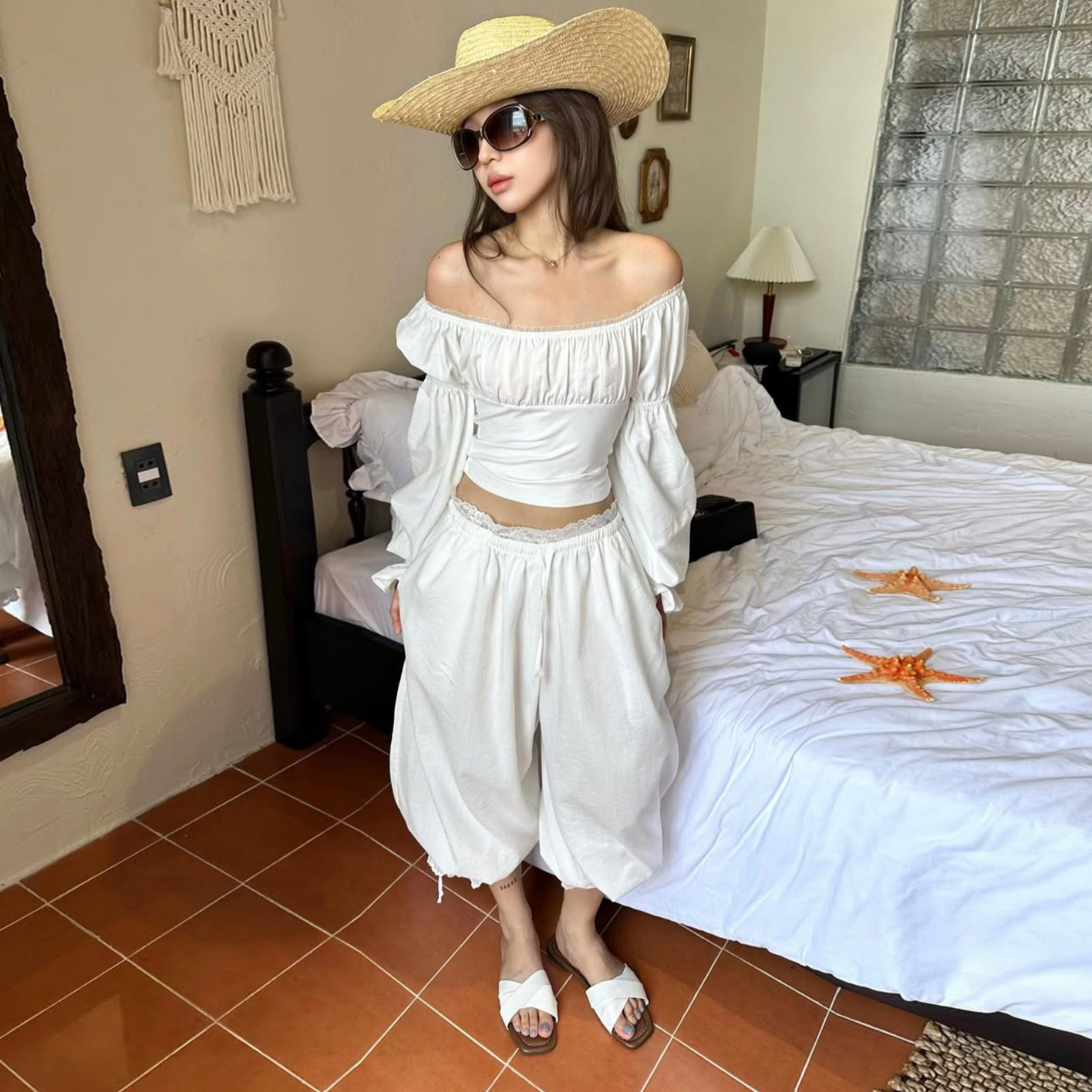Off Shoulder Bell Sleeve Top and Cuffed Pants Set Sweet Style Trendy Design Autumn Wholesale Available