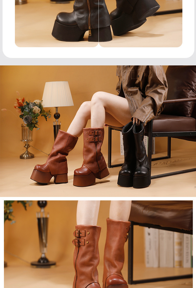 Boot nữ cổ cao da bò thật đế dày gót nêm khóa kéo bên — màu đen, màu nâu