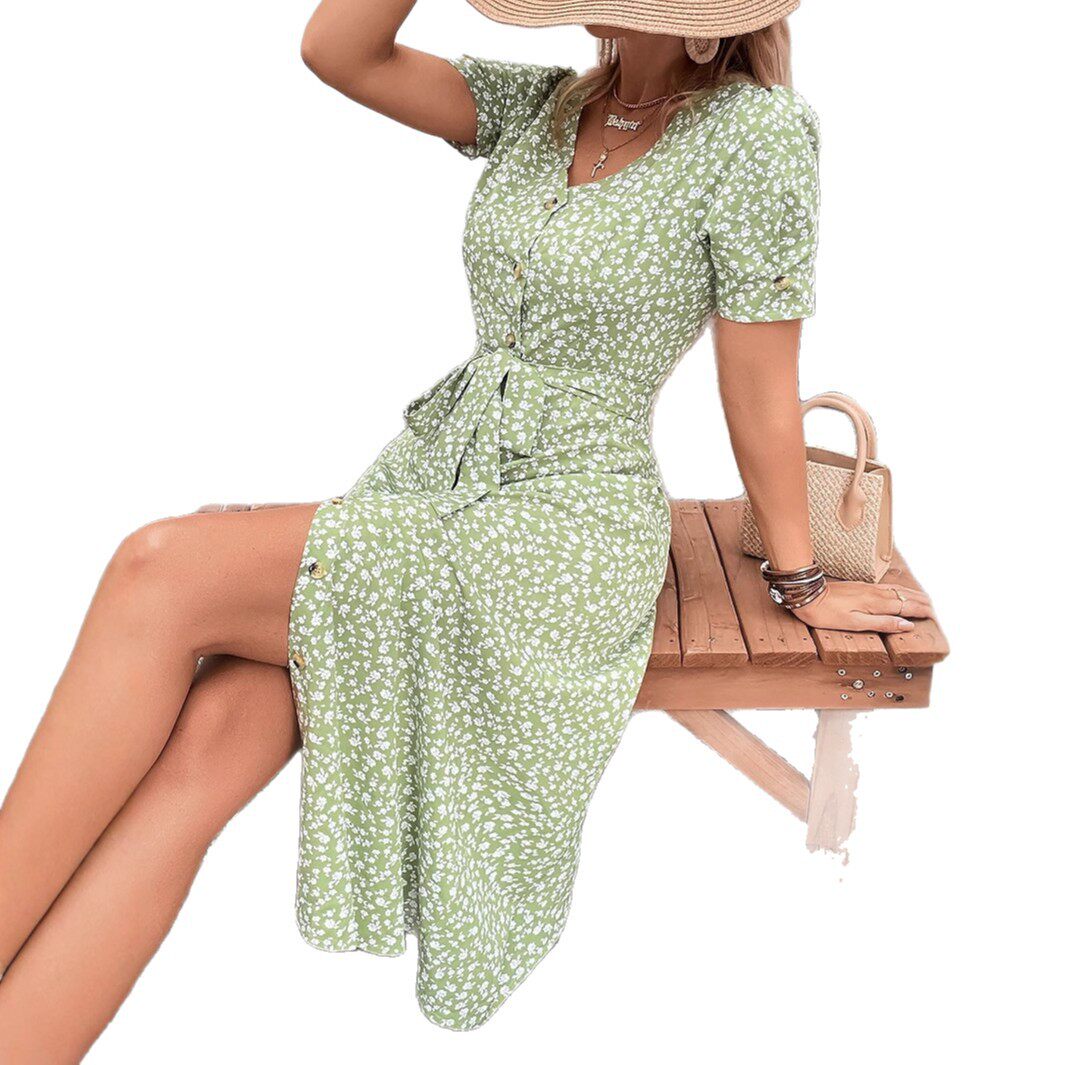 Floral Knot Dress Elegant Casual Style Suitable for Commuting and Vacations Available for Wholesale