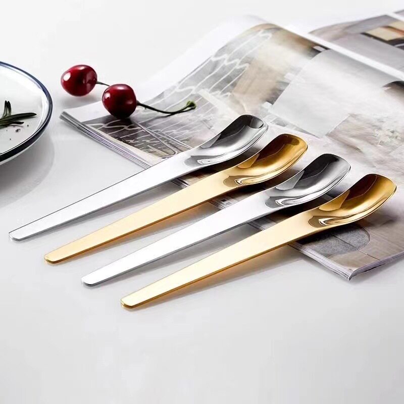 304 Stainless Steel Spoon Thickeneded Long Handle Dessert Spoon Cake Spoon Bread Cheese Spoon Flat Head Stirring Spoon Cat Food Spoon