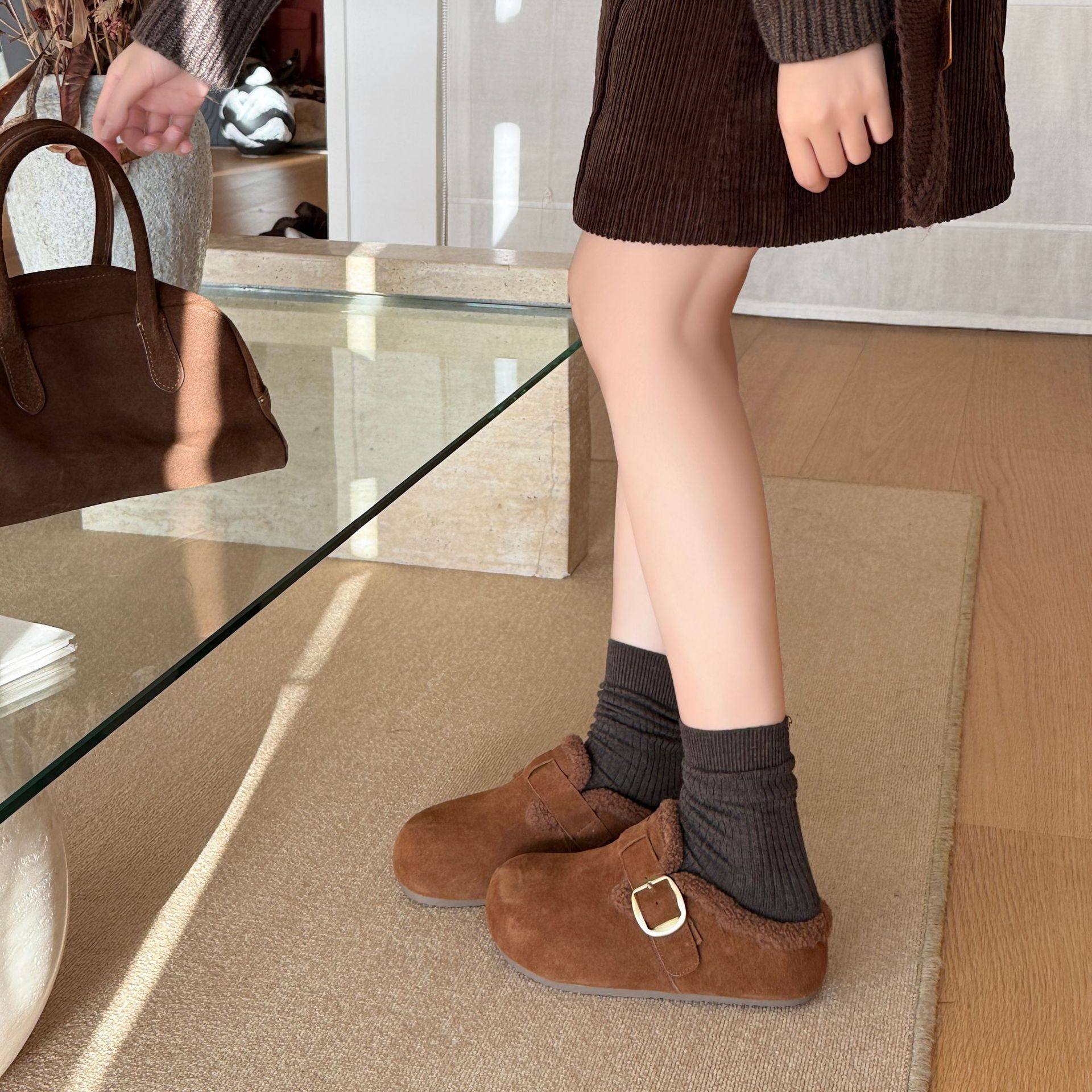 Marco&Joyce Fleece-Lined Birkenstock Shoes for Women Autumn and Winter 2025 New Women's Shoes Warm Northeastern Cotton Shoes One-Legged Beans