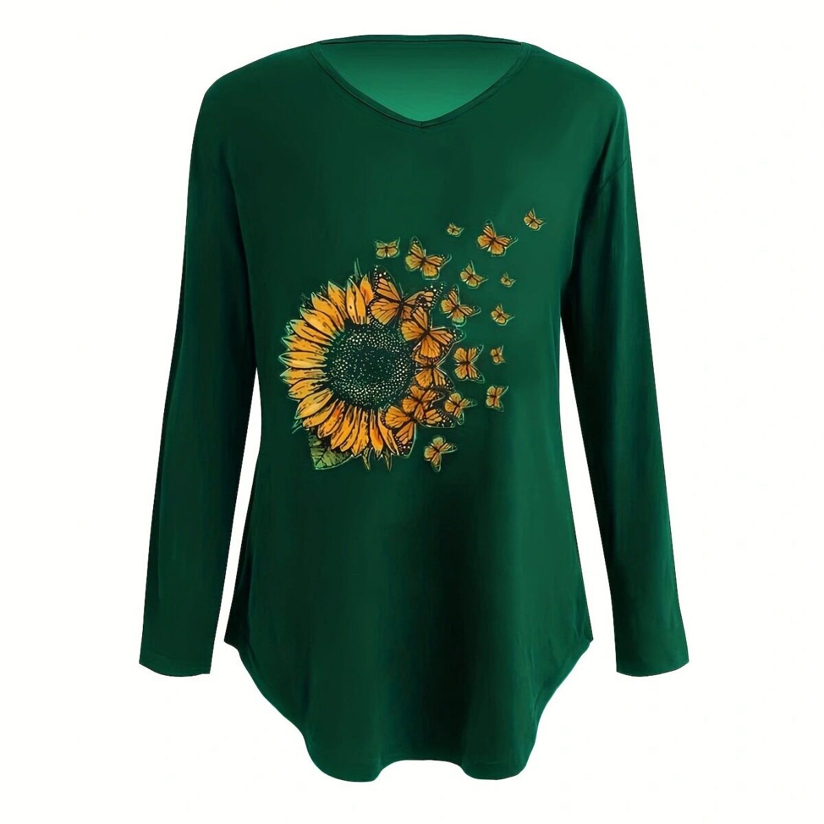Womens Long Sleeve T Shirt V Neck Loose Fit Sunflower Print Summer Casual Wear Wholesale Available