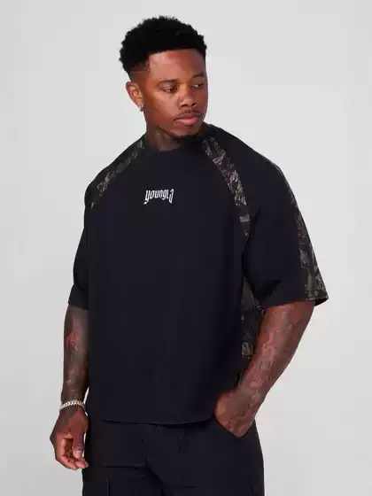 Youngla American New Men's Oversized T-Shirt Jogging Gym Sports Fitness Camouflage Stitching Printed Short Sleeves