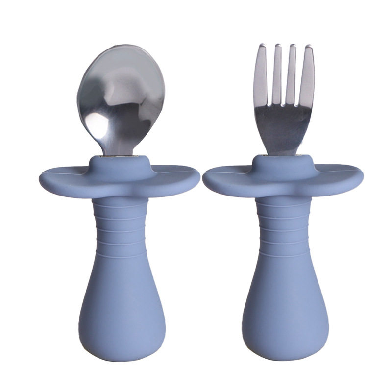 Baby Silicone Fork Spoon Children's Stainless Steel Training Short Fork Spoon Children's Tableware Set Portable Short Handle Fork Spoon