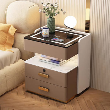 Smart Bedside Table, Simple, Modern, Light Luxury, High-End, Multi-Functional, Wireless Charging, Storage, Solid Wood Bedroom Bedside Table