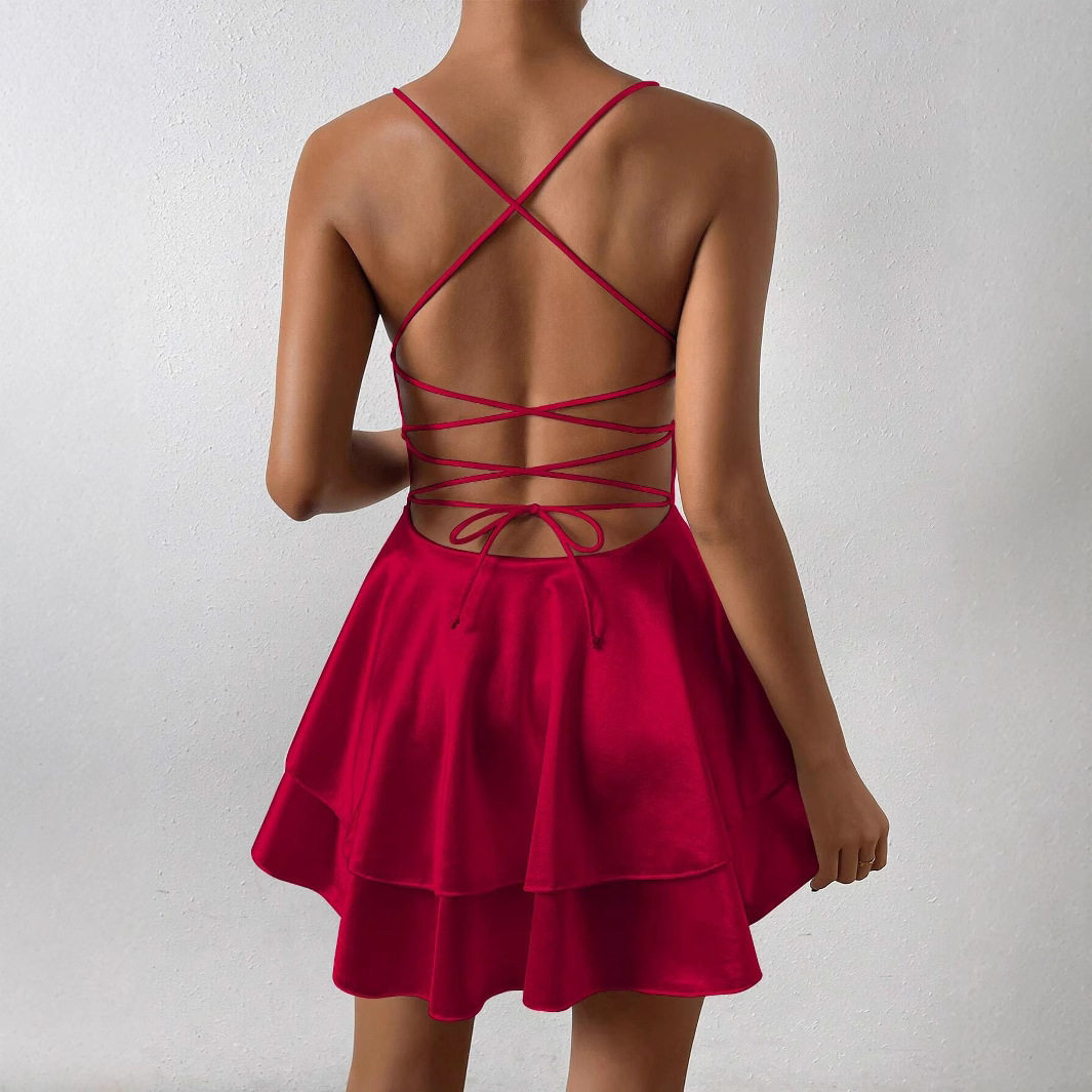 Mini Ruffle Dress Satin Fabric Backless Design Waist Cinching Summer Style Wholesale Available