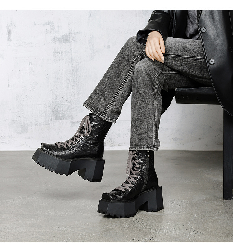 Boot Martin nữ đế dày 9cm mũi vuông gót thô tăng chiều cao — Màu đen lót một lớp, Màu đen lót nhung, Màu nâu lót một lớp, Màu nâu lót nhung