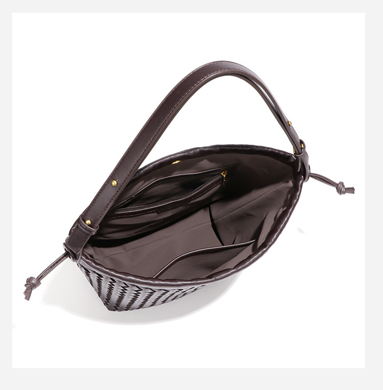 Túi xách nữ dáng bucket rút dây đan dệt phong cách tối giản — B2514 # Bột hoa sen, B2514 # màu đen, B2514 # Màu gỗ, B2514 # Nâu caramel
