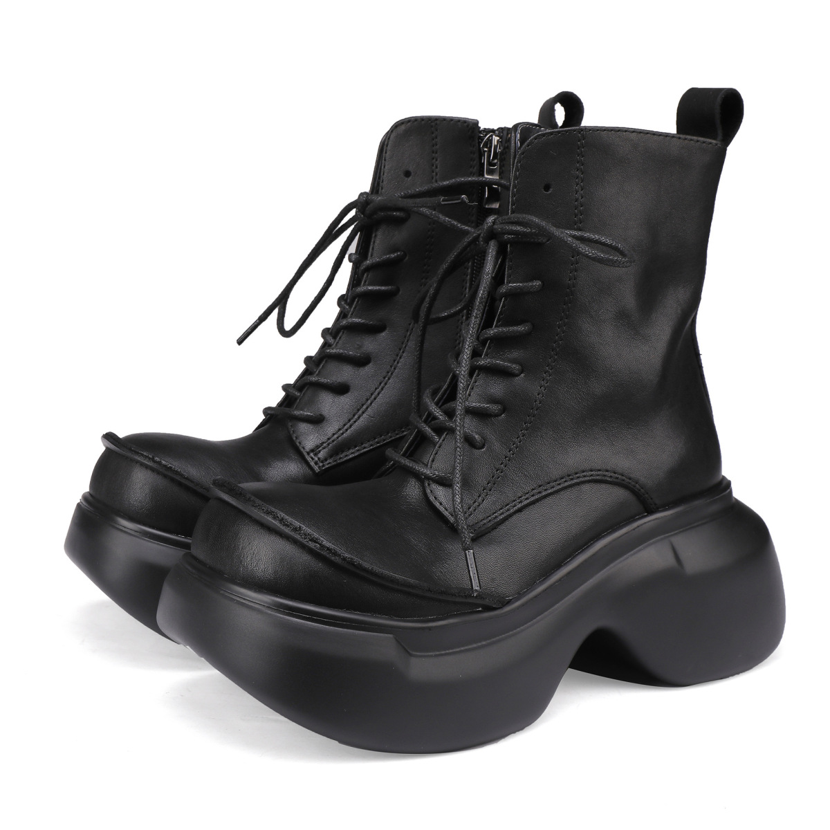 Boot Martin nữ cổ ngắn đế dày da bò thật tăng chiều cao — màu đen, Màu nâu