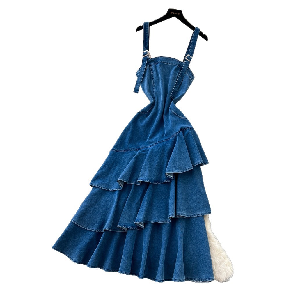 Korean Style Denim Ruffle Hem Maxi Dress Irregular Fish Tail Design Slim Fit Summer Fashion Wholesale Available