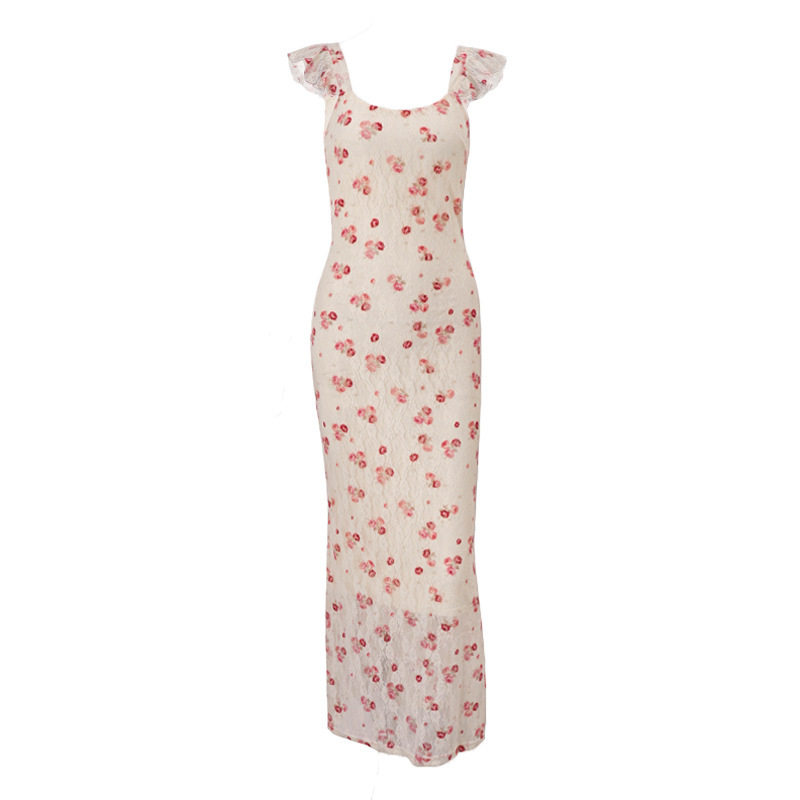Retro Square Neck Rose Backless Dress Sweet and Spicy Style Autumn Collection Wholesale Available