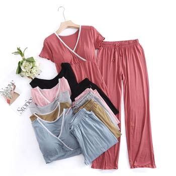 Modal Breastfeeding Short-sleeved Trousers Pregnant Women's Summer Monthly Clothing Home Breastfeeding Casual Going Out V-neck Lace Suit