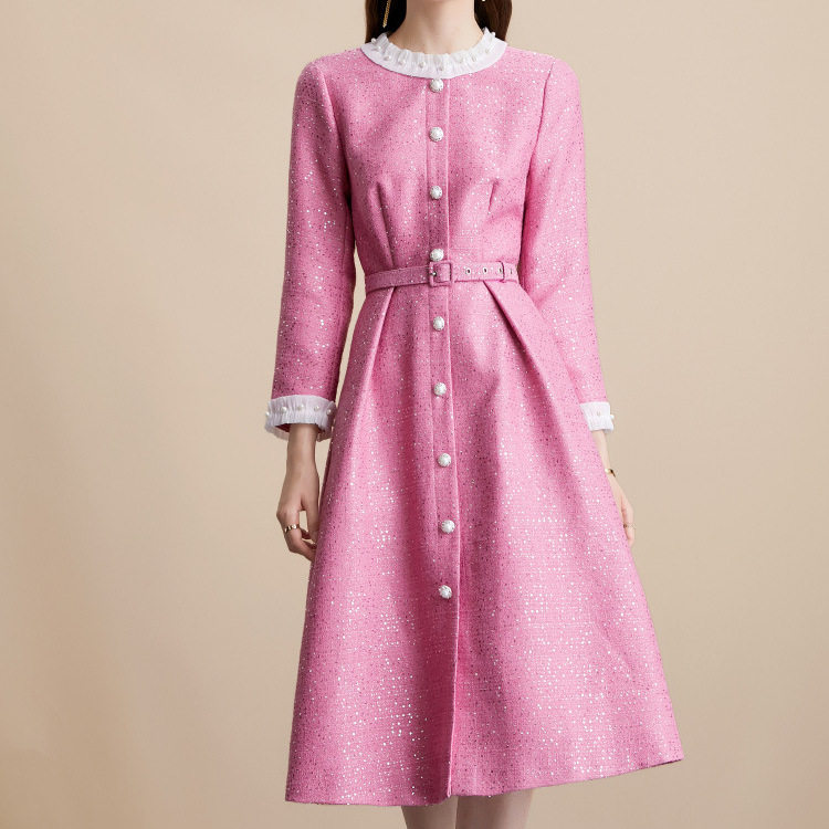 French Vintage Elegant Slim Fit Dress Round Neck Single Breasted Includes Waist Belt Autumn Fashion for Women