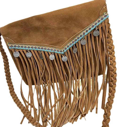 2024 New Vintage Ethnic Style Travel Photographed Brown Suede Tassel Oblique Bag Mobile Phone Bag All-match Shoulder Bag