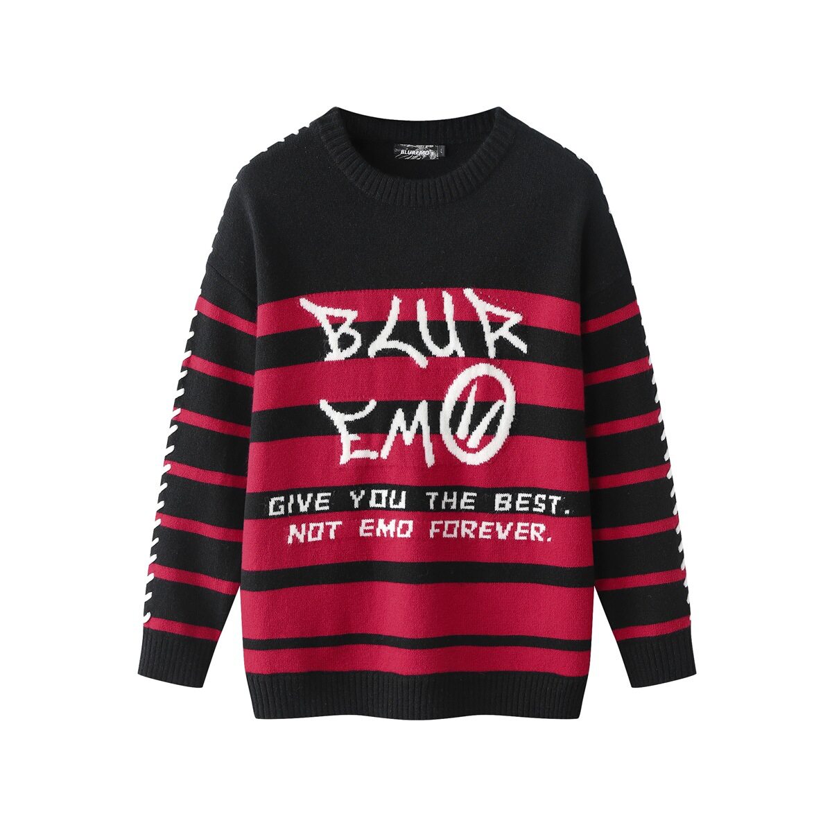 Áo Sweater Dệt Kim Tay Dài Cổ Tròn Phối Màu Ombre Sọc Ngang Chữ In Phong Cách Retro Màu Đen, Đỏ, Xanh Dương