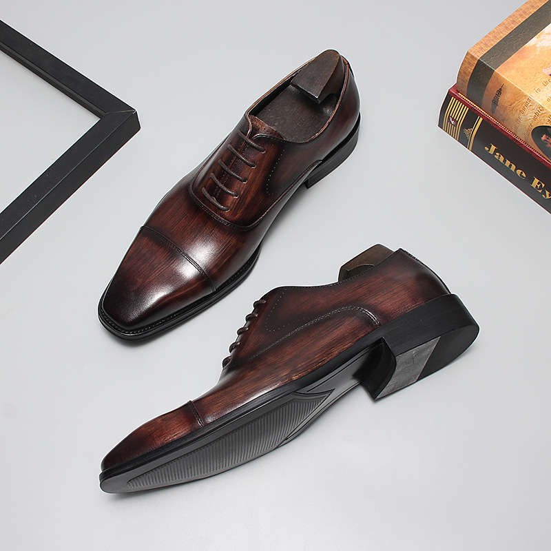 Giày Oxford nam da bò mũi vuông buộc dây công sở — Màu đen, Cà phê kéo sợi