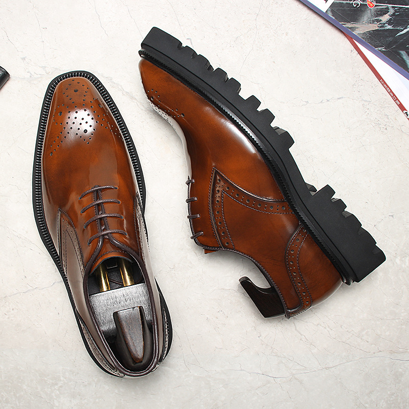 Giày da nam buộc dây đế dày họa tiết brogue mũi vuông — đen, màu