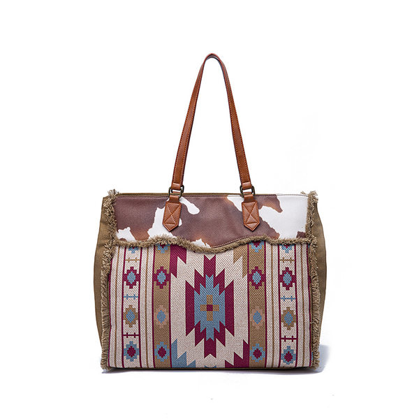 Túi Tote Nữ Vải Canvas Cotton Họa Tiết Bohemian Vintage Đeo Vai, Đeo Chéo, Xách Tay Màu Nâu, Xanh, Đỏ, Be