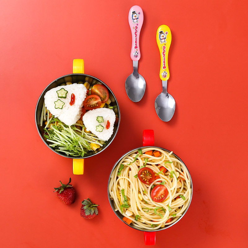 Stainless Steel Kidsren's Bowl Household Rice Bowl Baby Bowl Baby Food Bowl with Lid Cartoon Small Bowl Insulated Anti-Fall Double Layer