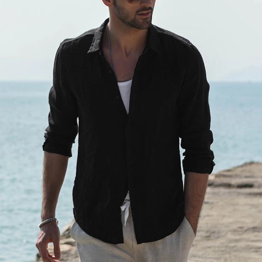 Foreign Trade European and American Pure Cotton Pure Color Long-Sleeved Shirt Men's Youth Casual Cardigan Shirt Men's Jacket