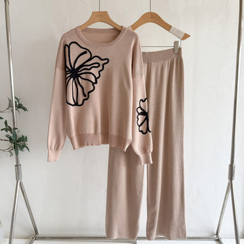 Cross-Border European and American Export Elegant Knitted Suit Round Neck Embroidered Sweater + Loose Casual Wide-Leg Pants Two-Piece Set for Women