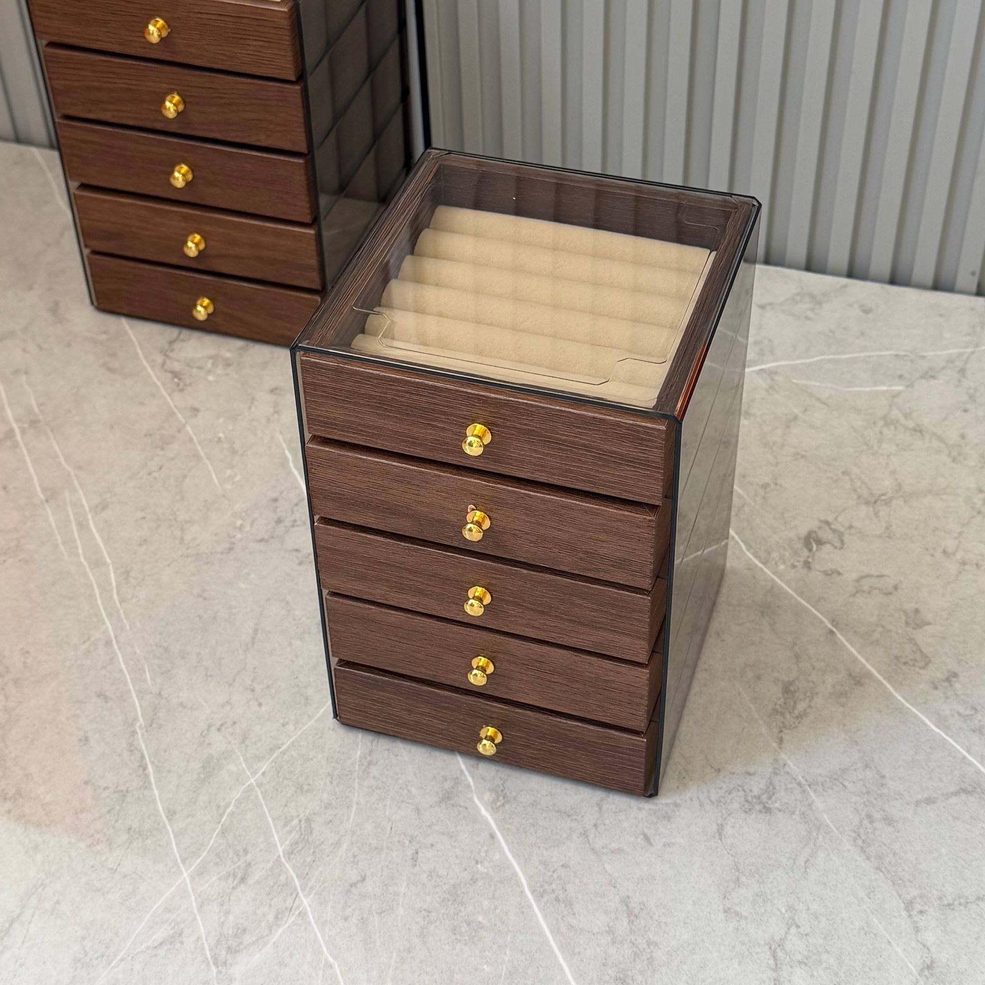 Five-Layer Large-Capacity Jewelry Box Walnut Wood Grain Anti-Oxidation Ring Bracelet Earrings Storage Box Drawer-Type Storage