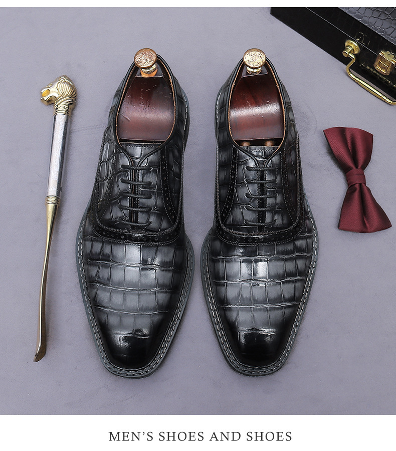 Giày Oxford nam da bò thật họa tiết kẻ sọc phong cách Anh Quốc — Xám xanh, Màu caramel
