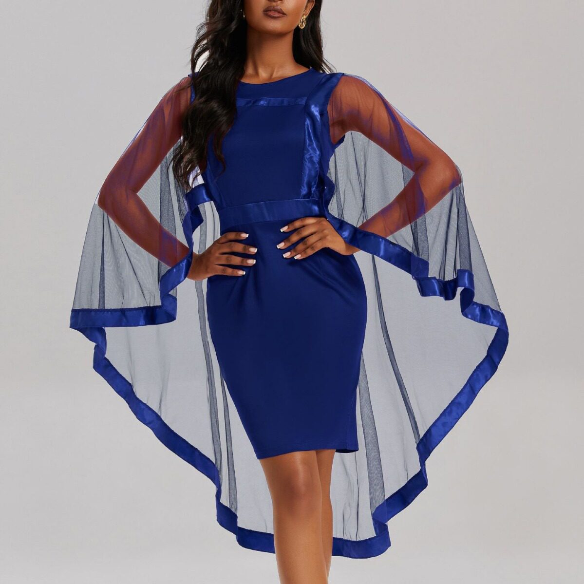 Sheer Mesh Dress Elegant Round Neck Plus Size Solid Color Fashionable Design Perfect for Parties and Special