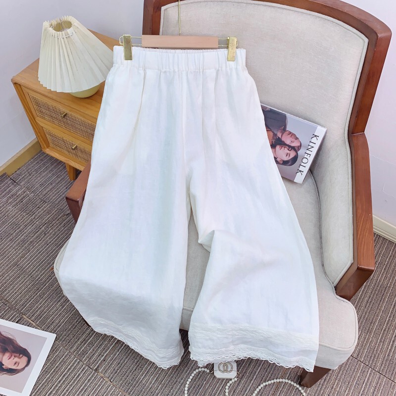 Quần ống đứng nữ vải lanh pha ren lưng tầm trung dáng suông — Yên tĩnh và trắng