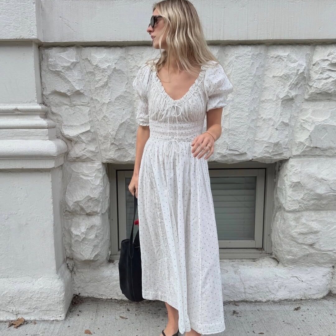 Womens Vintage Polka Dot Long Dress Elegant Fit Puff Sleeves French Style Summer Occasion Wholesale Available