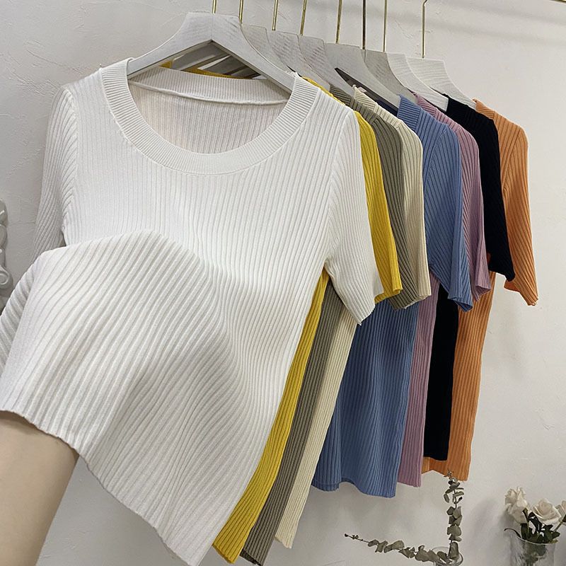 Womens Soft Ice Silk Knit T Shirt Low Round Neck Slim Fit Trendy Design Summer Casual Wear OEM Available