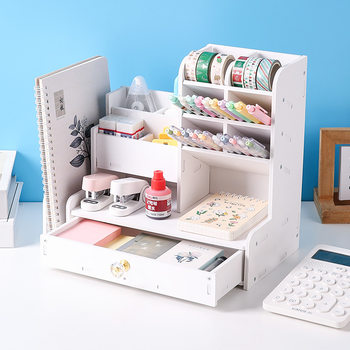 Bedroom Desktop Storage Box Organizer Desk Storage Box Oblique Pen Holder Large Capacity Wooden Storage Box with Drawer