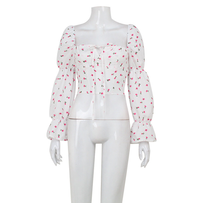 Womens Floral Crop Top Fresh Sweet French Style Puff Sleeves Square Neck Tie Detail Perfect for Spring and Autumn