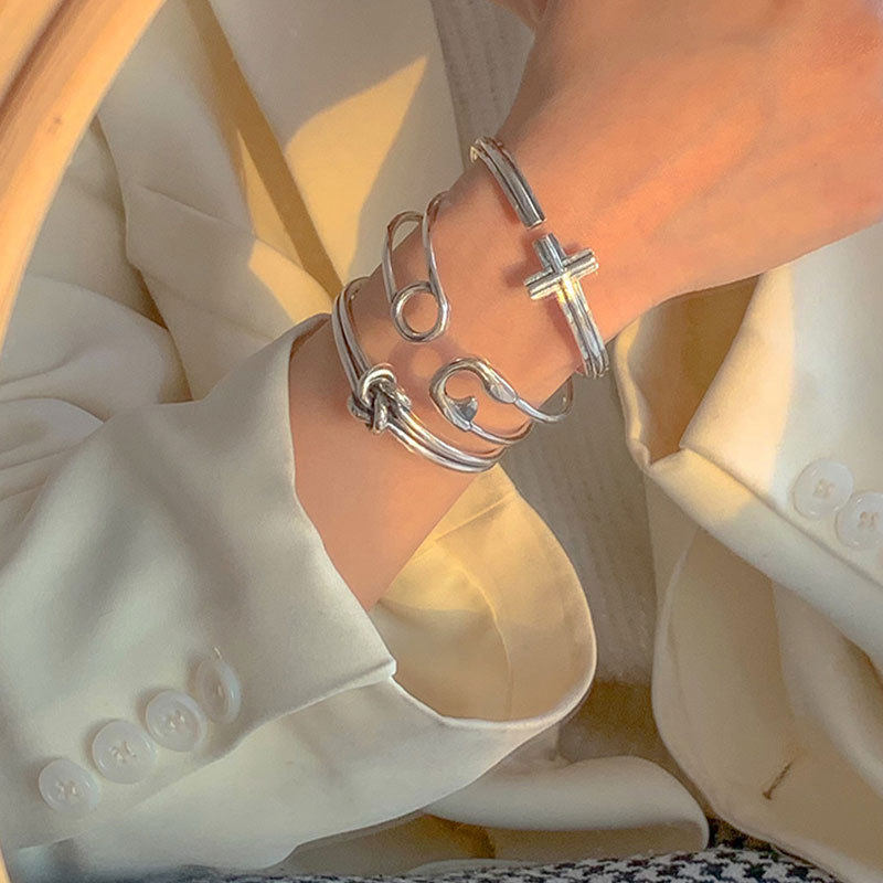 4206 Japanese and Korean Style Retro Thai Silver Two-Line Knotted Rope Buckle Bracelet Women's Fashion Stylish Open Niche Design Bracelet