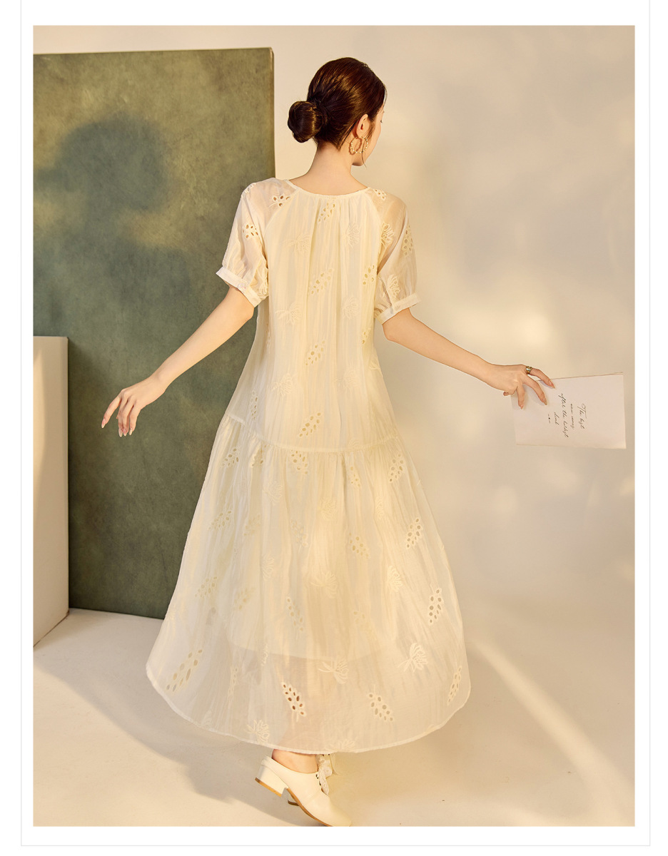 Đầm nữ dáng suông cổ tròn tay ngắn chất tencel mềm mại — Màu mơ sữa (cấp trong ngày), Màu mơ sữa (giao hàng trong 7 ngày)