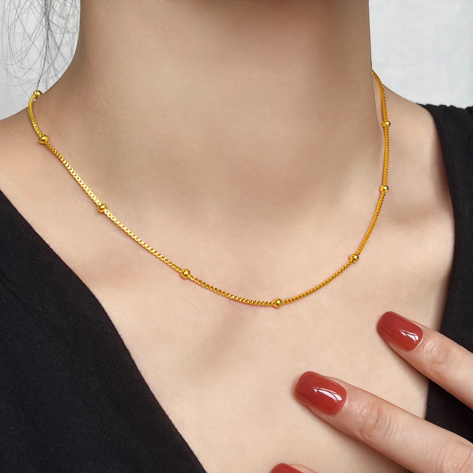 No fading 18K gold box chain clip gold beads clavicle chain ins necklace women's short simple temperament versatile gift