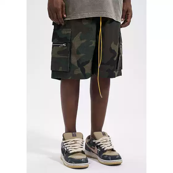High Street Washed Camo Cargo Shorts for Men, Retro Casual Loose Summer Drawstring Versatile Trendy Five-Point Shorts