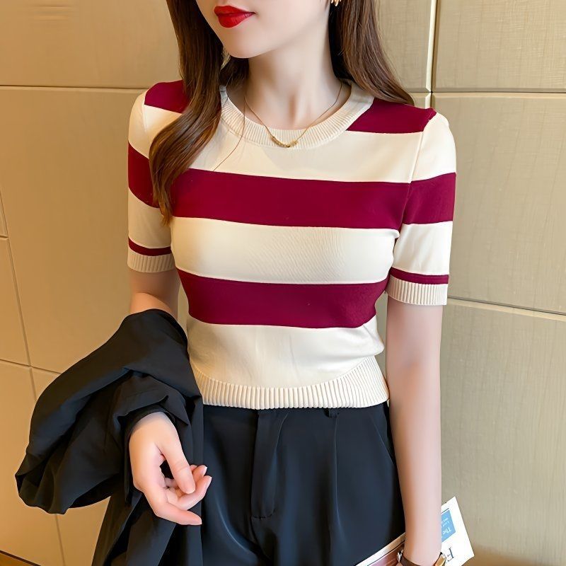 Slim Fit Short Sleeve Knitted T Shirt for Women Ice Silk Fabric Casual Summer Wear Available in Multiple Colors and Sizes