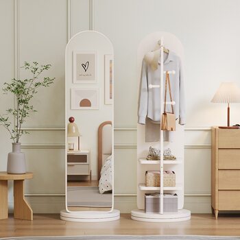 Medieval Style Full-Length Mirror Floor-Standing Home Bedroom Clothes Rack Integrated Rotatable Mobile Fitting Mirror Dressing Mirror