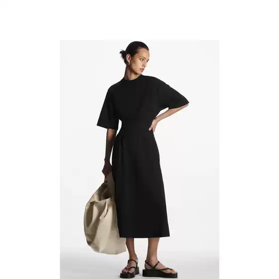 Cs Women's Clothing 2026 Spring Cotton Black Short-Sleeve Ruched A-Line Waist-Cinching Dress for a Stylish Commute
