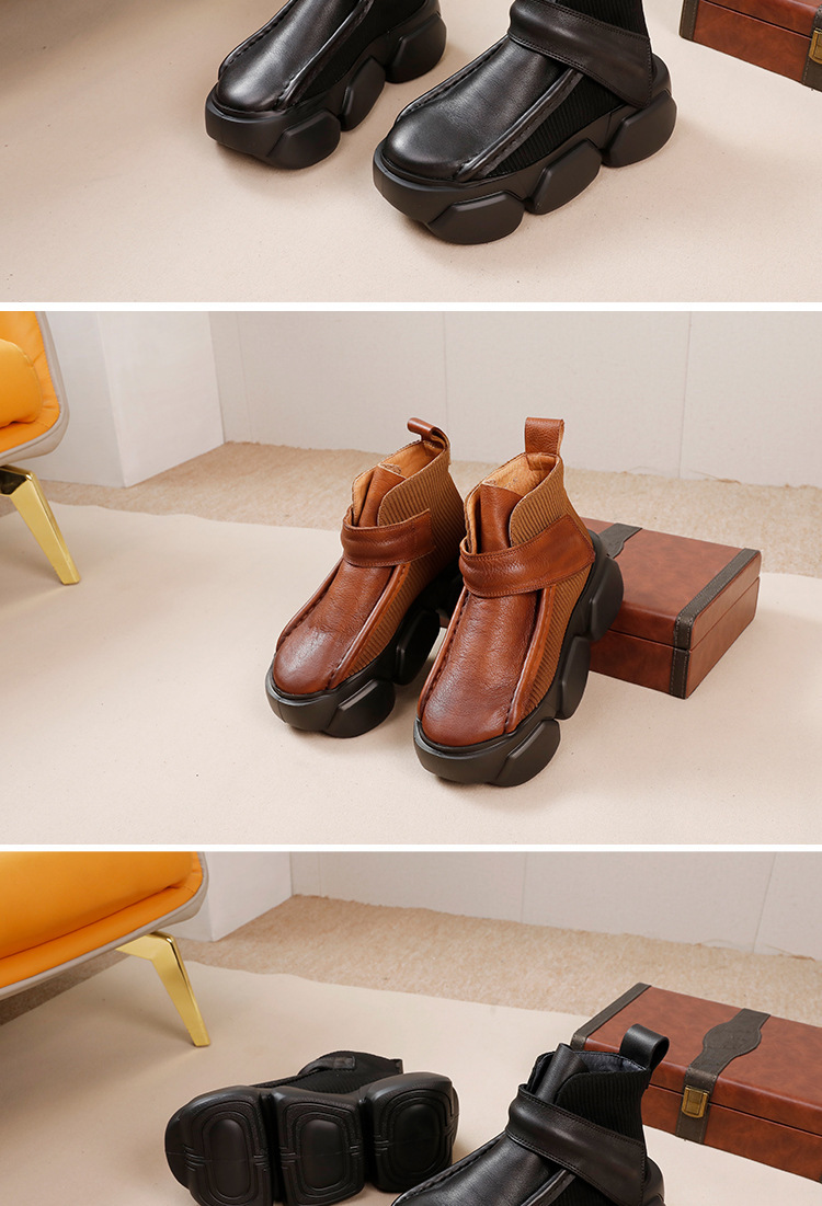 Boot nữ cổ thấp da bò thật đế dày phong cách cổ điển — Màu đen, Màu nâu đậm
